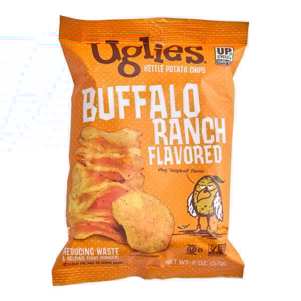 A 2 oz. bag of Uglies Buffalo Ranch flavored kettle potato chips.