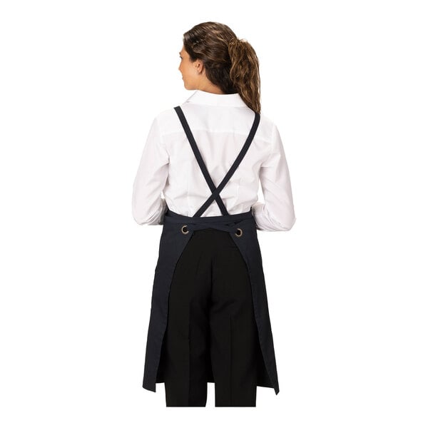Edwards 9043 Black Customizable Poly / Cotton Cross-Back Bib Apron with 3 Pockets - 34" x 28"