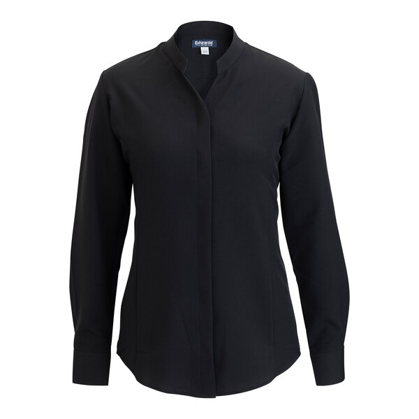 Edwards 5399 FlexBatiste Women's Customizable Black Long Sleeve Moisture-Wicking 4-Way Stretch Batiste Dress Shirt with Stand-Up Collar