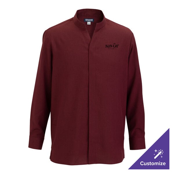 A men's burgundy long sleeve dress shirt with a stand-up collar and moisture-wicking, 4-way stretch fabric.