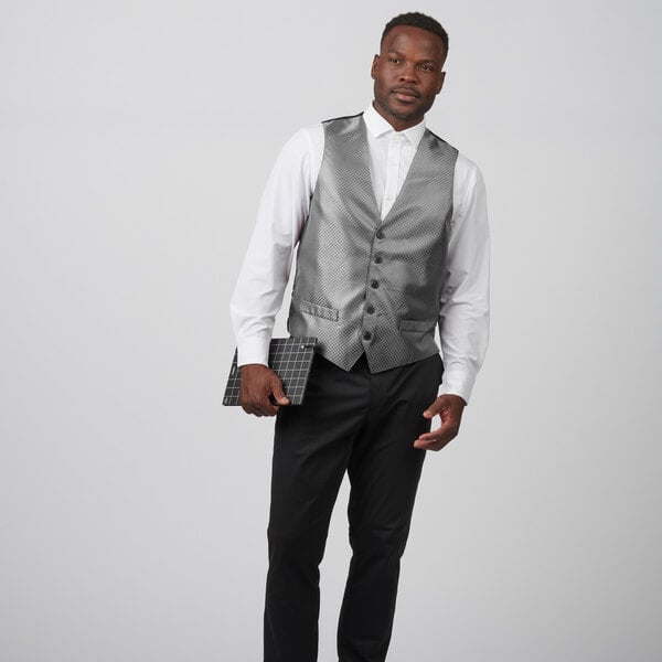 Edwards 4394 Men's Customizable Silver Brocade Diamond Pattern Server Vest - Extra Large