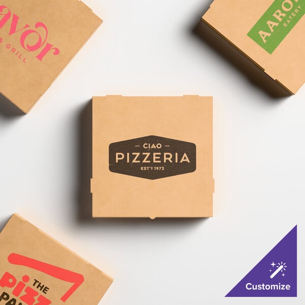A kraft corrugated pizza box with customizable branding on the lid.