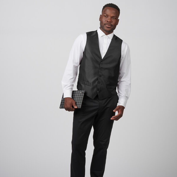 Edwards 4394 Men's Customizable Black Brocade Diamond Pattern Server Vest - Large