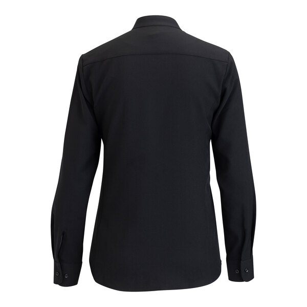 A black long sleeve women's dress shirt with a stand-up collar and buttoned cuffs, shown from the back.