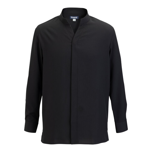 Edwards 1399 FlexBatiste Men's Black Long Sleeve Moisture-Wicking 4-Way Stretch Batiste Dress Shirt with Stand-Up Collar - Medium