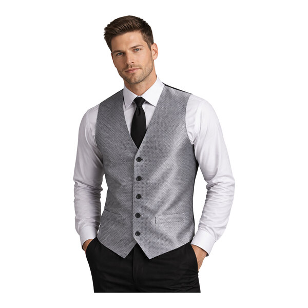A men's silver brocade diamond pattern server vest with buttons and front pockets.