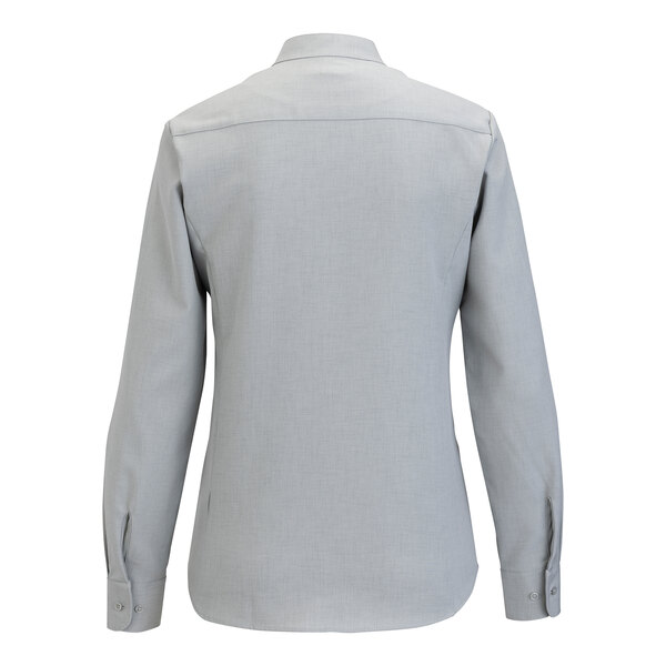 A women's platinum long sleeve dress shirt with a stand-up collar and buttoned cuffs, shown from the back.