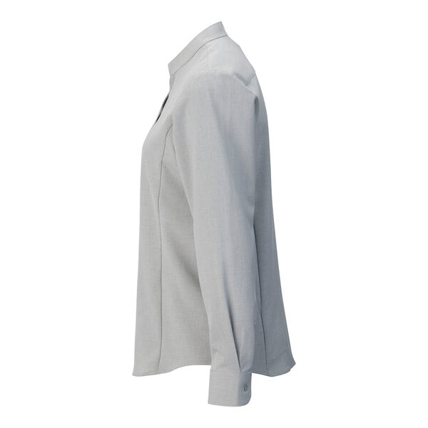 A women's platinum long sleeve dress shirt with a stand-up collar and moisture-wicking fabric, shown in a side view.