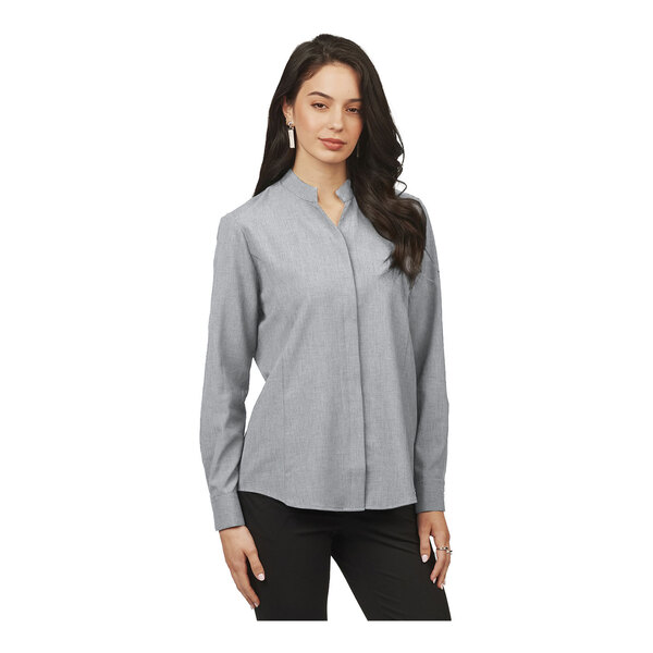 A women's platinum long sleeve dress shirt with a stand-up collar and moisture-wicking, 4-way stretch fabric.