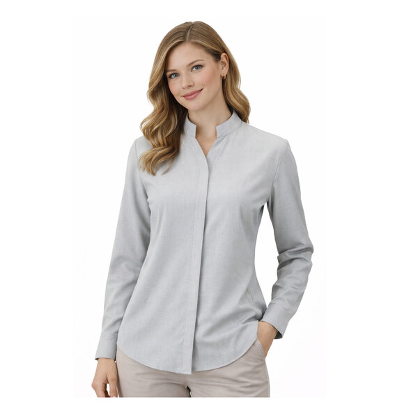 A women's platinum long sleeve dress shirt with a stand-up collar and a tailored fit.