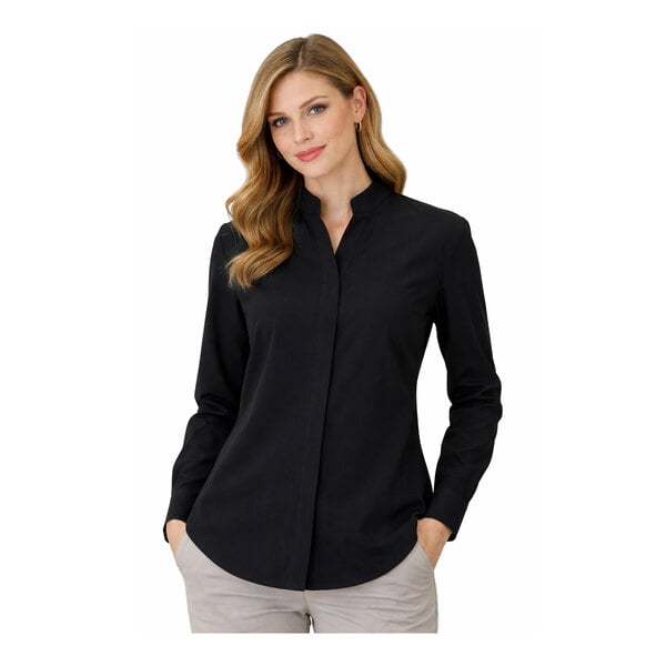 A women's black long sleeve dress shirt with a stand-up collar.