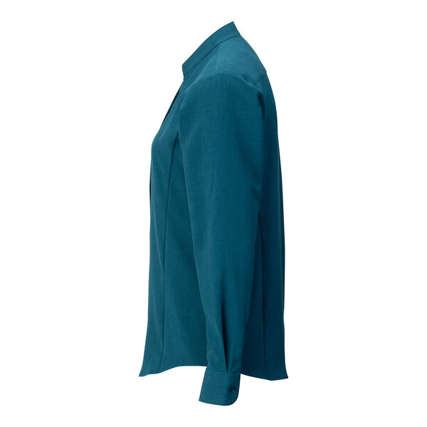 A women's Caribbean blue long sleeve dress shirt with a stand-up collar and moisture-wicking, 4-way stretch fabric.