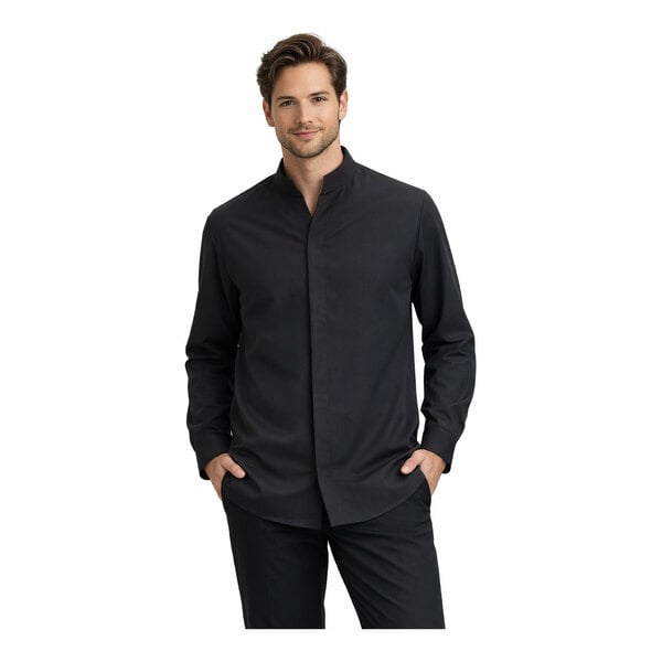 A men's black long sleeve dress shirt with a stand-up collar and a modern, minimalist design.