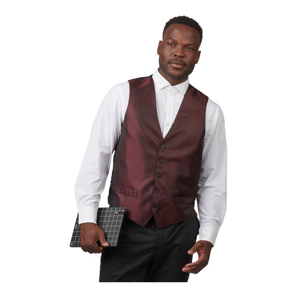 Edwards 4394 Men's Customizable Burgundy Brocade Diamond Pattern Server Vest - 3X