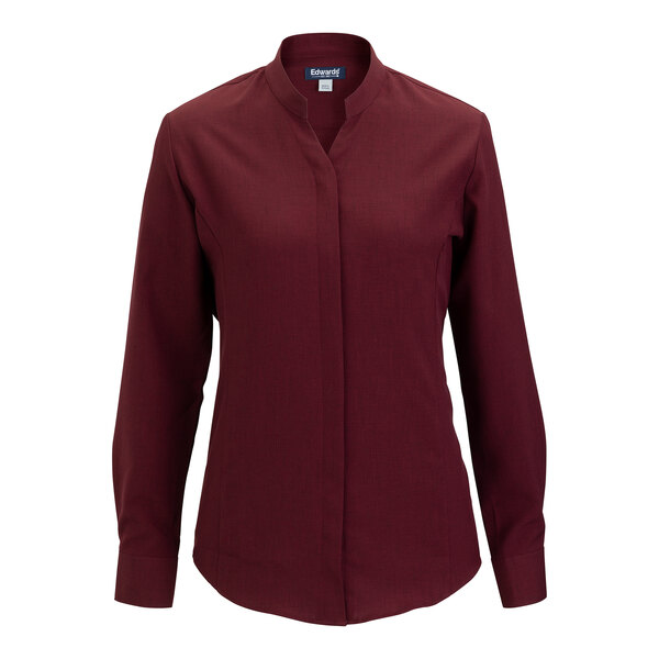 Edwards 5399 FlexBatiste Women's Customizable Burgundy Long Sleeve Moisture-Wicking 4-Way Stretch Batiste Dress Shirt with Stand-Up Collar - Large