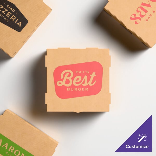 A kraft corrugated E-flute pizza box with customizable printed branding on the lid.