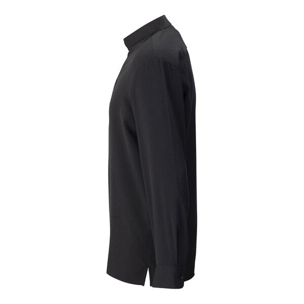 A men's black long sleeve dress shirt with a stand-up collar and moisture-wicking fabric, shown from the side.