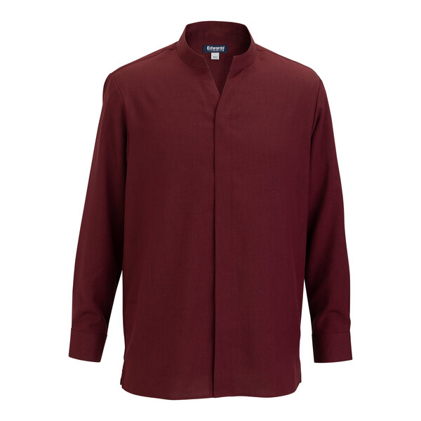 A burgundy long sleeve men's dress shirt with a stand-up collar and concealed buttons.
