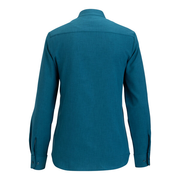 A women's long sleeve Caribbean blue dress shirt with a stand-up collar, shown from the back.