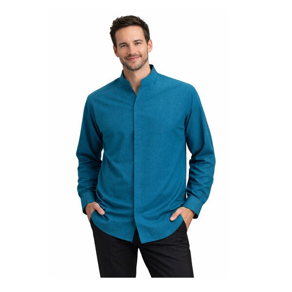 A men's long sleeve Caribbean blue dress shirt with a stand-up collar and a modern, tailored fit.