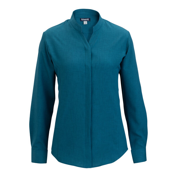 Edwards 5399 FlexBatiste Women's Caribbean Blue Long Sleeve Moisture-Wicking 4-Way Stretch Batiste Dress Shirt with Stand-Up Collar - Medium