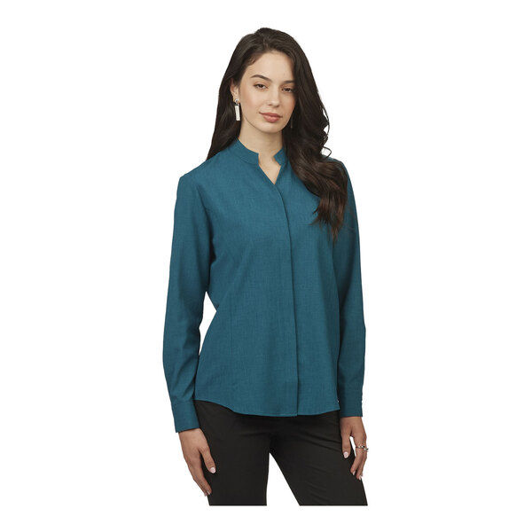 Edwards 5399 FlexBatiste Women's Caribbean Blue Long Sleeve Moisture-Wicking 4-Way Stretch Batiste Dress Shirt with Stand-Up Collar - Medium