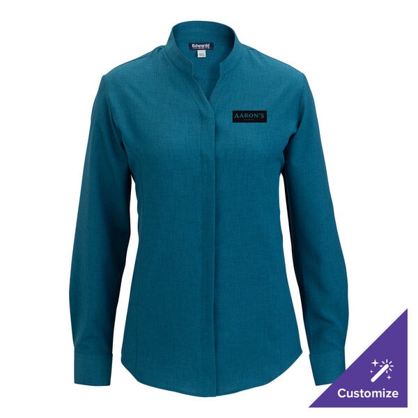 A women's medium Caribbean blue long sleeve dress shirt with a stand-up collar and customizable name tag.