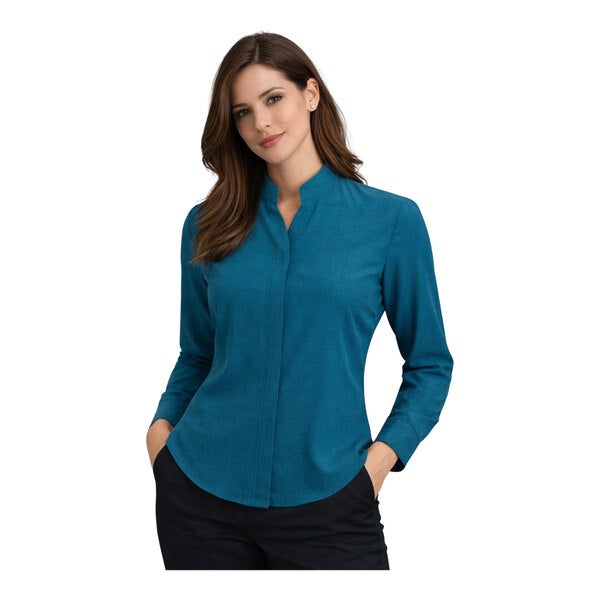 A women's long sleeve Caribbean blue dress shirt with a stand-up collar and a tailored fit.