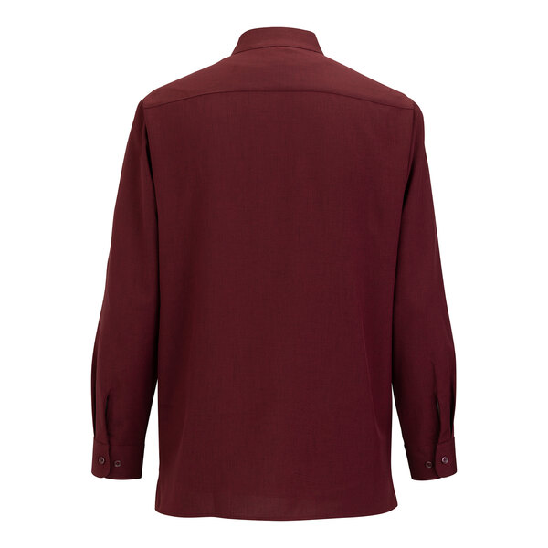 A men's burgundy long sleeve dress shirt with a stand-up collar, shown from the back.