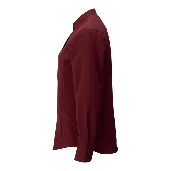 A men's burgundy long sleeve dress shirt with a stand-up collar, shown in a side view.