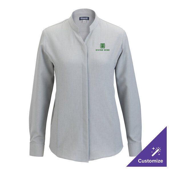 A women's platinum long sleeve dress shirt with a stand-up collar and customizable logo, shown in extra large size.