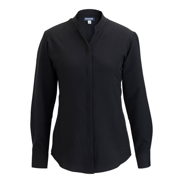Edwards 5399 FlexBatiste Women's Customizable Black Long Sleeve Moisture-Wicking 4-Way Stretch Batiste Dress Shirt with Stand-Up Collar - Extra Small