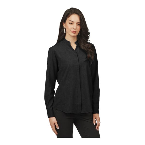 A women's black long sleeve dress shirt with a stand-up collar and a tailored fit.