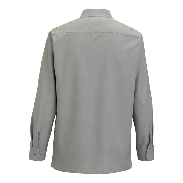 A men's platinum long sleeve dress shirt with a stand-up collar and buttoned cuffs, shown from the back.