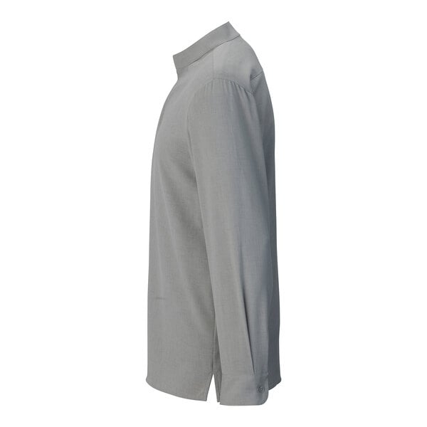 A men's platinum long sleeve dress shirt with a stand-up collar and buttoned cuffs, shown from the side.
