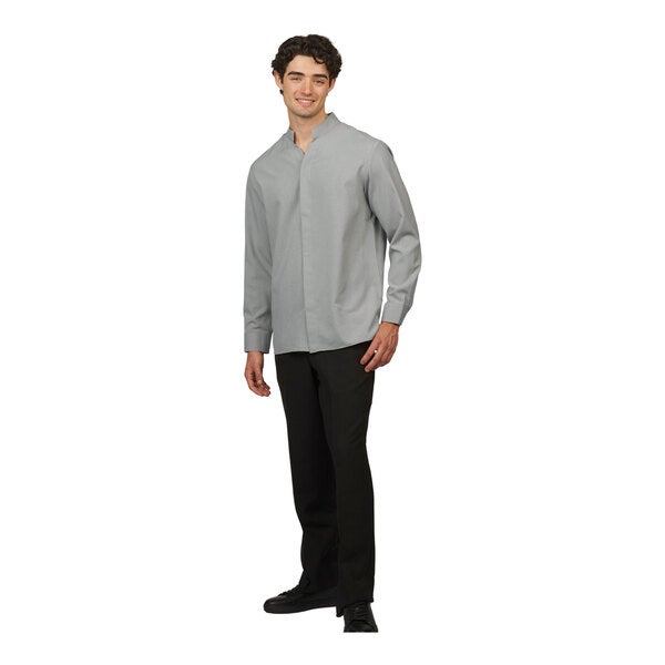 A men's platinum long sleeve dress shirt with a stand-up collar and black pants.