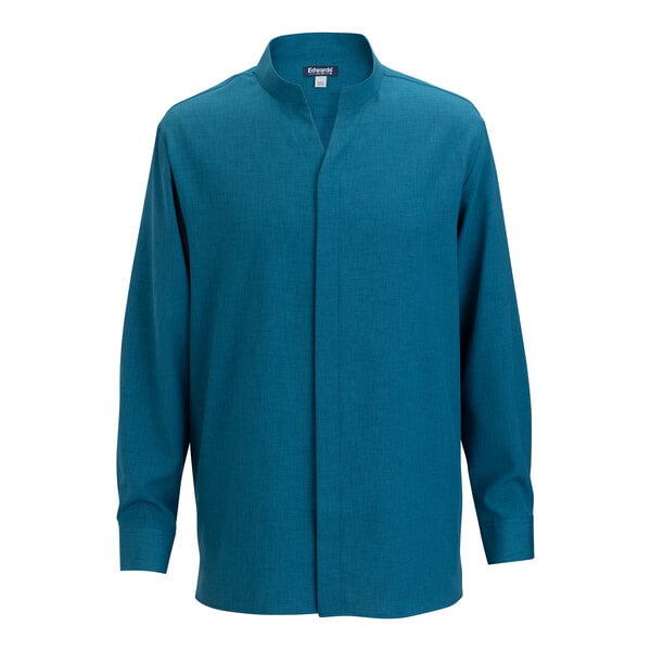 A men's Caribbean blue long sleeve dress shirt with a stand-up collar and concealed buttons.
