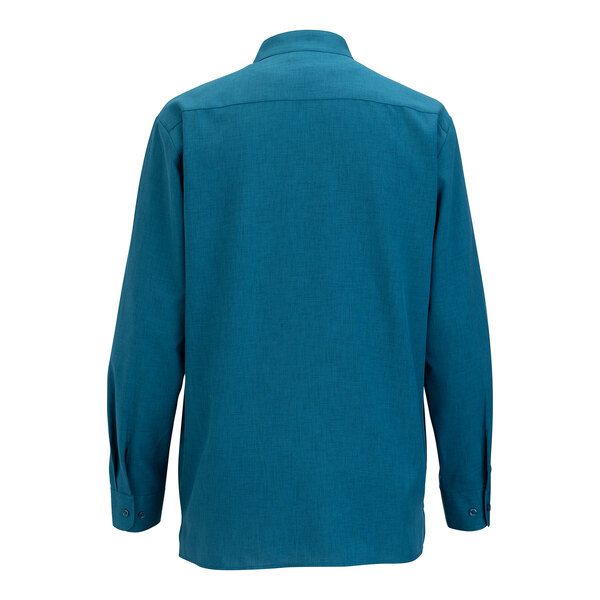 A men's long sleeve Caribbean blue dress shirt with a stand-up collar, shown from the back.
