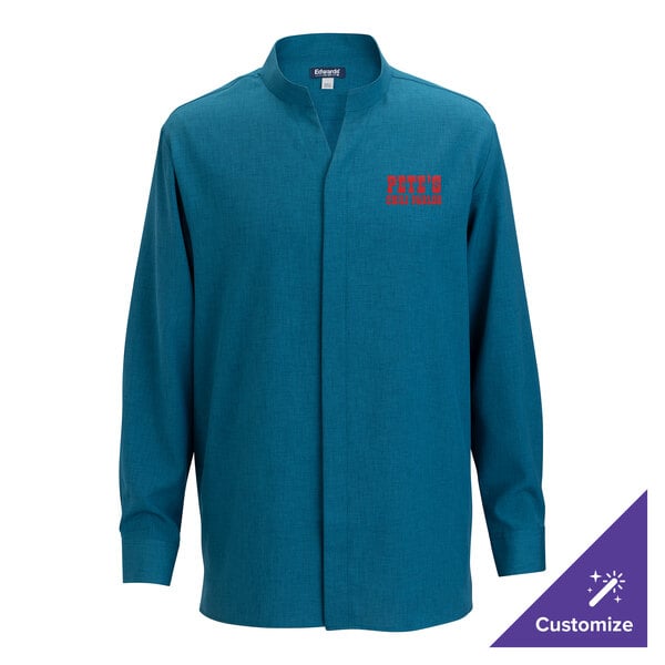 A men's Caribbean blue long sleeve dress shirt with a stand-up collar and customizable logo on the chest.