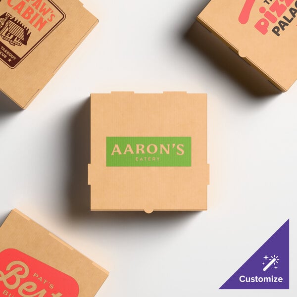 A kraft corrugated 12-inch pizza box with custom branding on the lid.