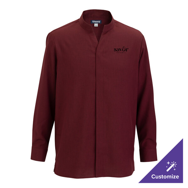 Edwards 1399 FlexBatiste Men's Burgundy Long Sleeve Moisture-Wicking 4-Way Stretch Batiste Dress Shirt with Stand-Up Collar - Medium