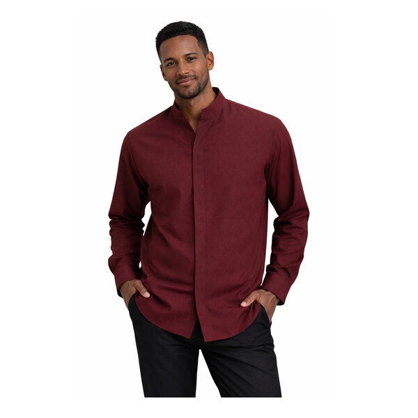 A men's burgundy long sleeve dress shirt with a stand-up collar and a modern fit.