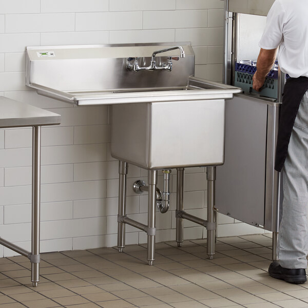 A stainless steel one-compartment commercial sink with an 18-inch left drainboard, stainless steel legs, and cross bracing.