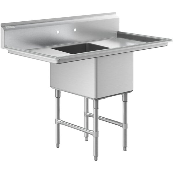 A stainless steel commercial sink with one compartment, two drainboards, and cross-braced legs.
