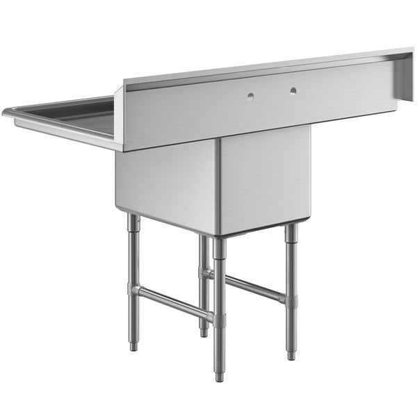 A stainless steel commercial sink with one compartment, two drainboards, and sturdy legs with cross bracing.