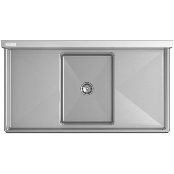 A stainless steel commercial sink with one compartment, two drainboards, and sturdy legs with cross bracing.