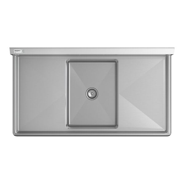 A rectangular stainless steel sink with a single central basin and two flat drainboard areas on either side.