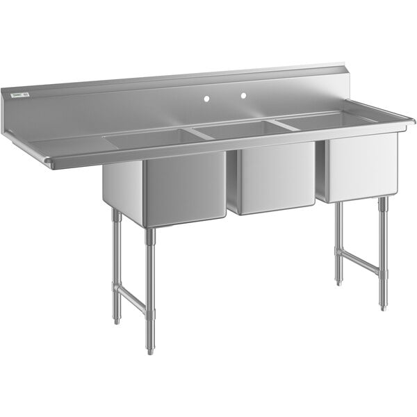 A stainless steel three compartment commercial sink with an 18-inch left drainboard, stainless steel legs, and cross bracing.