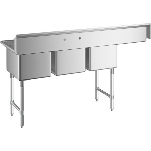 A stainless steel three compartment commercial sink with an 18-inch left drainboard, stainless steel legs, and cross bracing.
