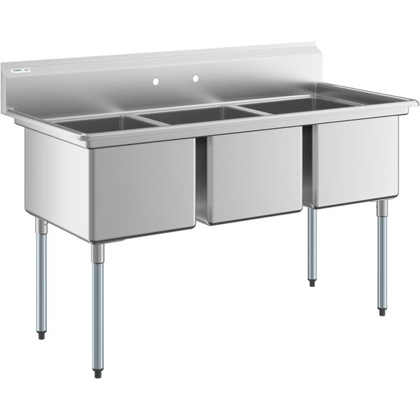 A stainless steel three compartment commercial sink with galvanized steel legs and deep rectangular bowls.